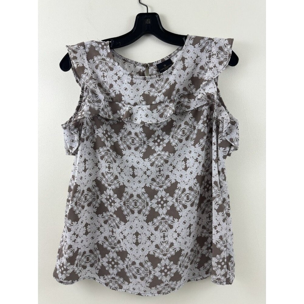 Worthington Sleeveless Crew Neck Georgette Blouse Taupe And White Petite Medium